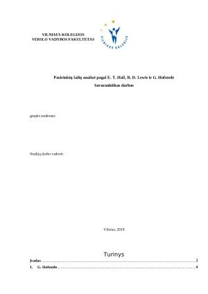 Pasirinktų šalių analizė pagal E. T. Hall, R. D. Lewis ir G. Hofstede