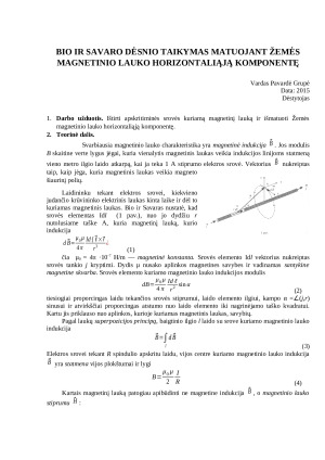 Bio ir Savaro dėsnio taikymas matuojant Žemės magnetinio lauko horizontaliąją komponentę (3). Paveikslėlis 1