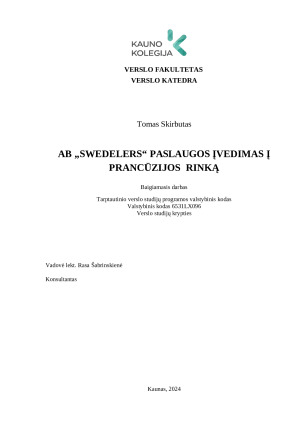 AB „SWEDELERS“ PASLAUGOS ĮVEDIMAS Į PRANCŪZIJOS RINKĄ