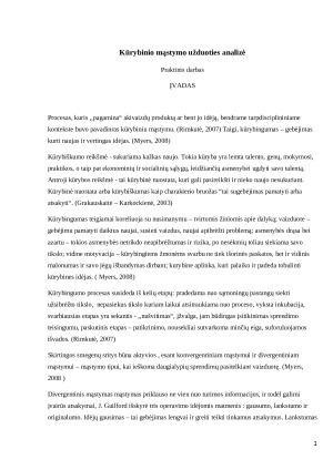 Kūrybinio mąstymo užduoties analizė. Praktinis darbas
