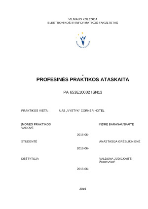 PROFESINĖS PRAKTIKOS ATASKAITA. UAB „VYSTYK“ CORNER HOTEL