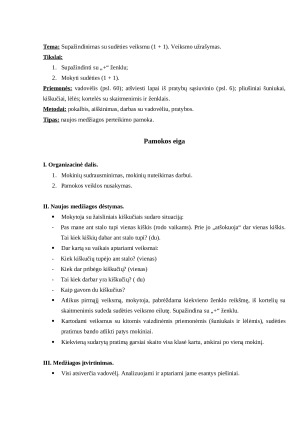 Supažindinimas su sudėties veiksmu (1 + 1). Veiksmo užrašymas. Pamokos planas. (Spec. klasėje)