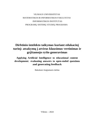 Dirbtinio intelekto taikymas kuriant edukacinj turinj atsakymų j atvirus klausimus vertinimas ir grjžtamojo ryšio generavimas