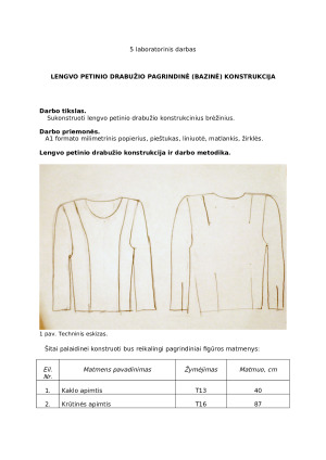 Lengvo petinio drabužio bazinė konstrukcija. Paveikslėlis 1