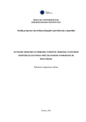 AUTIZMO SPEKTRO SUTRIKIMŲ TURINČIŲ MOKINIŲ UGDYMOSI INDIVIDUALIZAVIMAS SPECIALIOSIOSE PAMOKOSE IR PRATYBOSE. Paveikslėlis 1