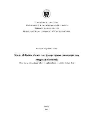 Saulės elektrinių dienos energijos prognozavimas pagal orų prognozių duomenis