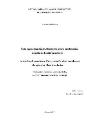 Šunų kraujo transfuzija. Recipiento kraujo morfologiniai pokyčiai po kraujo transfuzijos