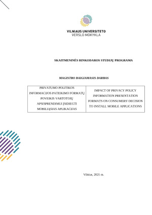 PRIVATUMO POLITIKOS INFORMACIJOS PATEIKIMO FORMATŲ POVEIKIS VARTOTOJŲ APSISPRENDIMUI ĮSIDIEGTI MOBILIĄSIAS APLIKACIJAS. Paveikslėlis 1