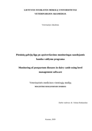 Pieninių galvijų ligų po apsiveršiavimo monitoringas naudojantis bandos valdymo programa