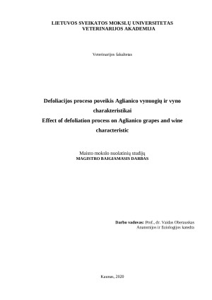 Defoliacijos proceso poveikis Aglianico vynuogių ir vyno charakteristikai