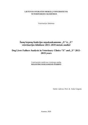 Šunų kepenų funkcijos nepakankamumo „X“ ir „Y“ veterinarijos klinikose 2015–2019 metais analizė. Paveikslėlis 1
