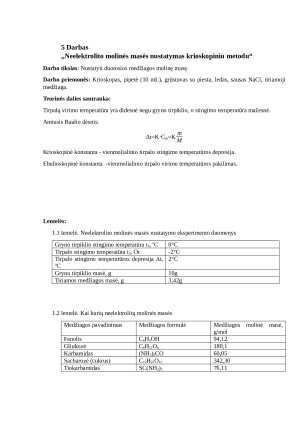 Neelektrolito molinės masės nustatymas krioskopiniu metodu