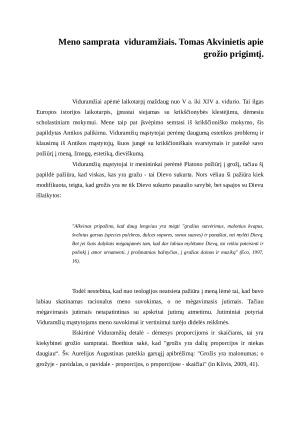 Meno samprata  viduramžiais. Tomas Akvinietis apie  grožio prigimtį.