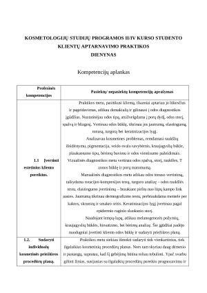 KOSMETOLOGIJŲ STUDIJŲ PROGRAMOS KLIENTŲ APTARNAVIMO PRAKTIKOS DIENYNAS. Praktikos ataskaita, kompetencijų aplankas