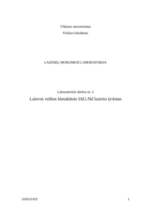 Laisvos veikos kietakūnio IAG:Nd lazerio tyrimas