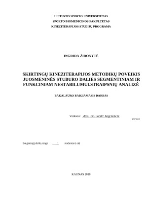 SKIRTINGŲ KINEZITERAPIJOS METODIKŲ POVEIKIS JUOSMENINĖS STUBURO DALIES SEGMENTINIAM IR FUNKCINIAM NESTABILUMUI.STRAIPSNIŲ ANALIZĖ