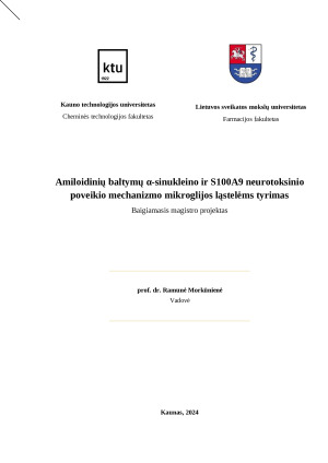 Amiloidinių baltymų α-sinukleino ir S100A9 neurotoksinio poveikio mechanizmo mikroglijos ląstelėms tyrimas. Paveikslėlis 1