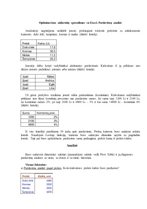 Optimizavimo uždavinių sprendimas su Excel. Pardavimų analizė