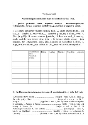 Neasmenuojamosios kalbos dalys (kontrolinis darbas)