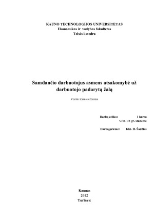 Samdančio darbuotojus asmens atsakomybė už darbuotojo padarytą žalą
