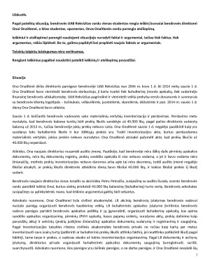 Pagal pateiktą situaciją, bendrovės UAB Rekvizitas vardu vienas studentas rengia ieškinį buvusiai bendrovės direktorei Onai Onaitienei, o kitas studentas, oponentas, Onos Onaitienės vardu parengia atsiliepimą
