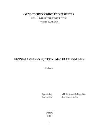 FIZINIAI ASMENYS, JŲ TEISNUMAS IR VEIKSNUMAS