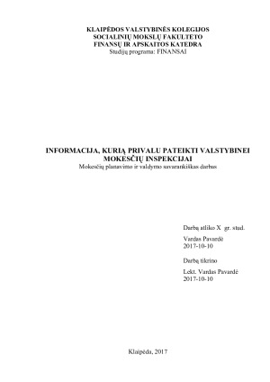 INFORMACIJA, KURIĄ PRIVALU PATEIKTI VALSTYBINEI MOKESČIŲ INSPEKCIJAI
