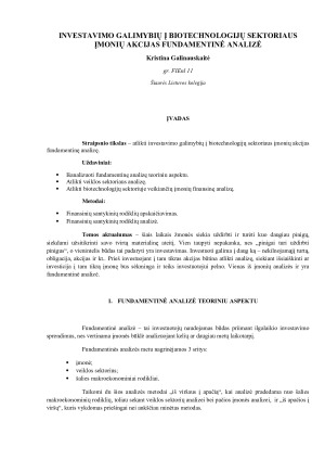INVESTAVIMO GALIMYBIŲ Į BIOTECHNOLOGIJŲ SEKTORIAUS ĮMONIŲ AKCIJAS FUNDAMENTINĖ ANALIZĖ