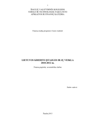LIETUVOS KREDITO ĮSTAIGOS IR JŲ VEIKLA