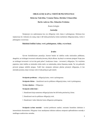 OBLIGACIJŲ KAINA, VERTĖ IR PELNINGUMAS