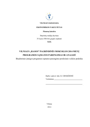 VILNIAUS „RASOS” PAGRINDINĖS MOKYKLOS PROGRAMOS SĄMATOS PARENGIMAS IR ANALIZĖ