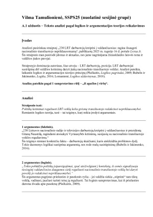Teksto analizė pagal logikos ir argumentacijos teorijos reikalavimus 