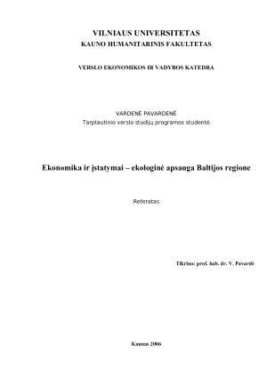 Ekonomika ir įstatymai – ekologinė apsauga Baltijos regione