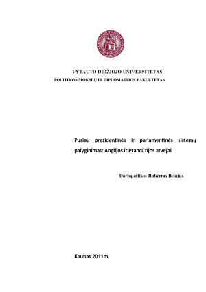 Pusiau prezidentinės ir parlamentinės sistemų palyginimas Anglijos ir Prancūzijos atvejai