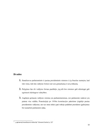 Pusiau prezidentinės ir parlamentinės sistemų palyginimas Anglijos ir Prancūzijos atvejai. Paveikslėlis 10