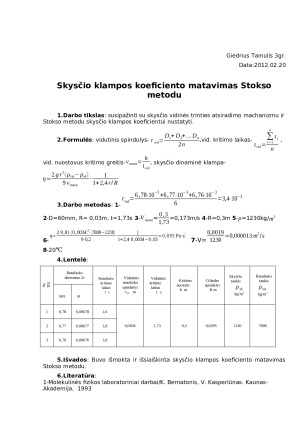 Skysčio klampos koeficiento matavimas Stokso metodu