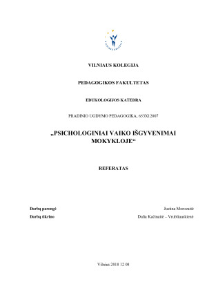 PSICHOLOGINIAI VAIKO IŠGYVENIMAI MOKYKLOJE