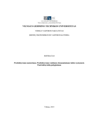 Produktyvumo matavimas. Produktyvumo vaidmuo ekonominiame šalies vystymesi. Pasirinktų šalių palyginimas