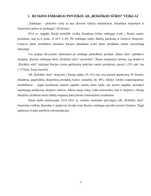 Rusijos embargo poveikis AB „Rokiškio sūris“ veiklai ir finansiniams rezultatams. Paveikslėlis 4