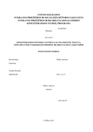 KINEZITERAPIJOS POVEIKIS, PATYRUS GALVOS SMEGENŲ INSULTĄ, APSITARNAVIMO PASIEKIMAMS PIRMINIU REABILITACIJOS LAIKOTARPIU