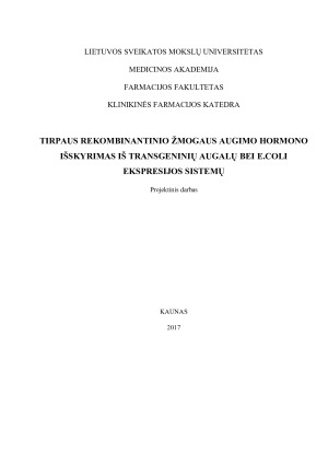TIRPAUS REKOMBINANTINIO ŽMOGAUS AUGIMO HORMONO IŠSKYRIMAS IŠ TRANSGENINIŲ AUGALŲ BEI E.COLI EKSPRESIJOS SISTEMŲ. Paveikslėlis 1