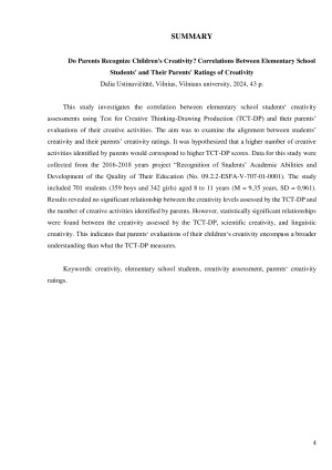 Ar tėvai atpažįsta vaikų kūrybiškumą. Pradinių klasių mokinių ir jų tėvų kūrybiškumo vertinimo dermė. Paveikslėlis 4