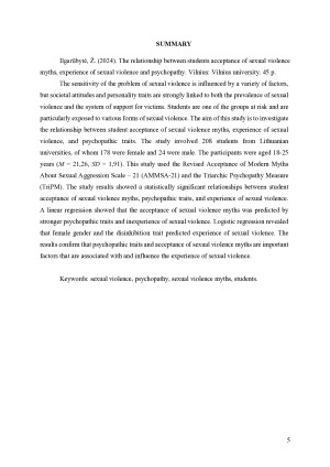 Studentų pritarimo seksualinio smurto mitams, seksualinio smurto patyrimo ir psichopatiškumo sąsajos. Paveikslėlis 5