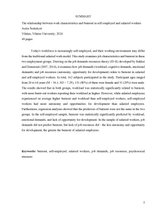 Savarankiškai dirbančių ir samdomų darbuotojų darbo charakteristikų ir perdegimo sąsajos. Paveikslėlis 5