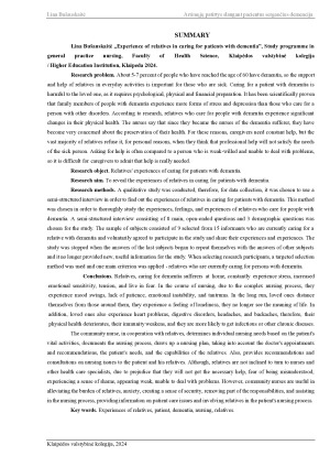 ARTIMŲJŲ PATIRTYS SLAUGANT PACIENTUS SERGANČIUS DEMENCIJA. Paveikslėlis 3