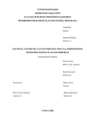 PACIENTŲ, PATYRUSIŲ GALVOS SMEGENŲ INSULTĄ, FIZIOLOGINIAI IR PSICHOLOGINIAI SLAUGOS POREIKIAI