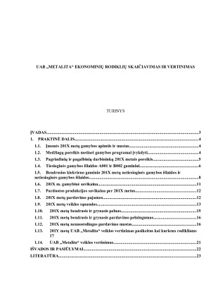 UAB „METALITA“ EKONOMINIŲ RODIKLIŲ SKAIČIAVIMAS IR VERTINIMAS