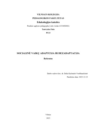 SOCIALINĖ VAIKŲ ADAPTCIJA IR DEZADAPTACIJA. Paveikslėlis 1