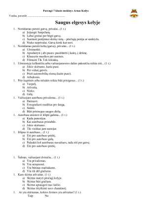 Saugus elgesys kelyje. 7 klasė užduotys