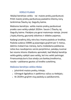 Maisto prekių parduotuvė. Verslo planas